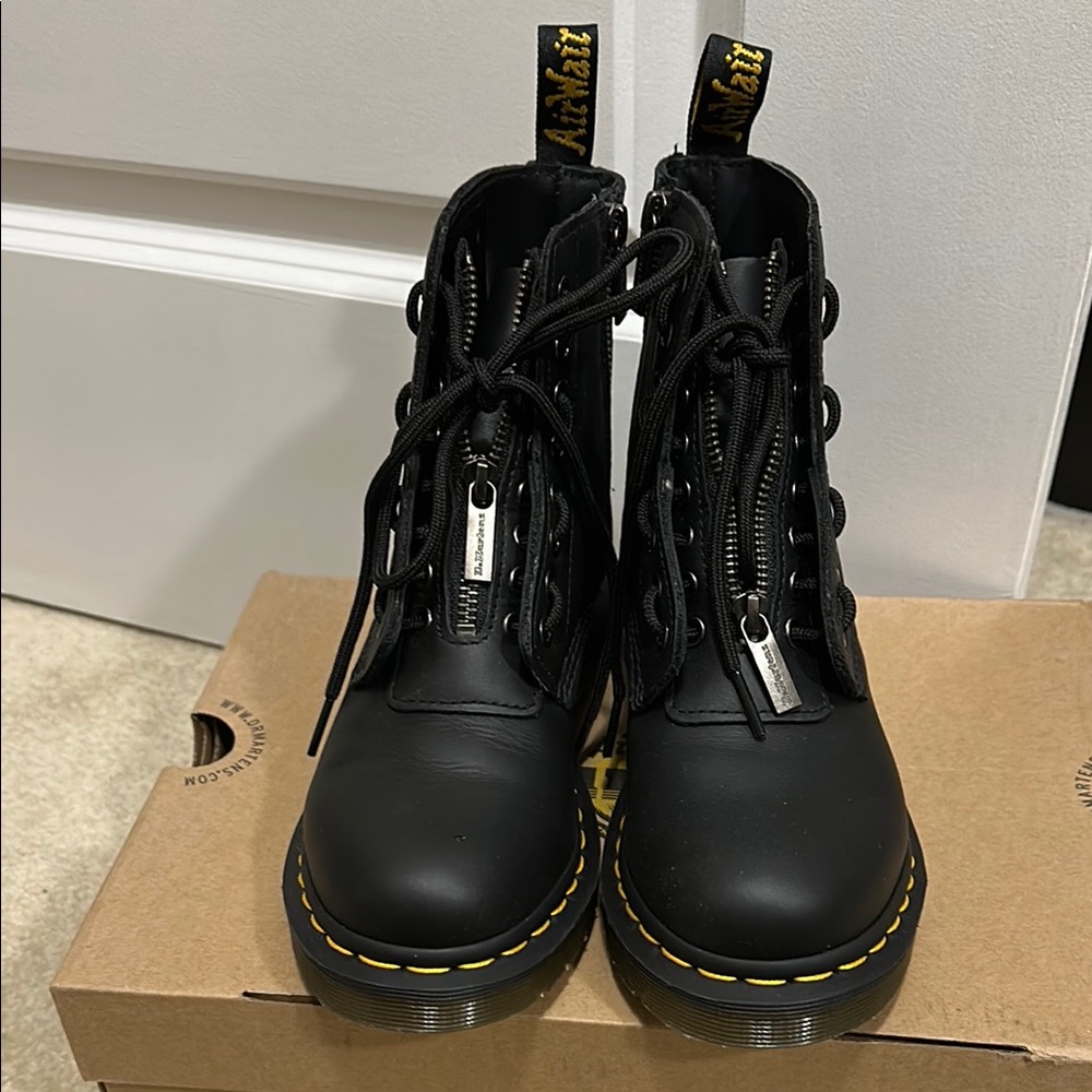 Dr. Martens Black Combat Boots with Yellow Stitching